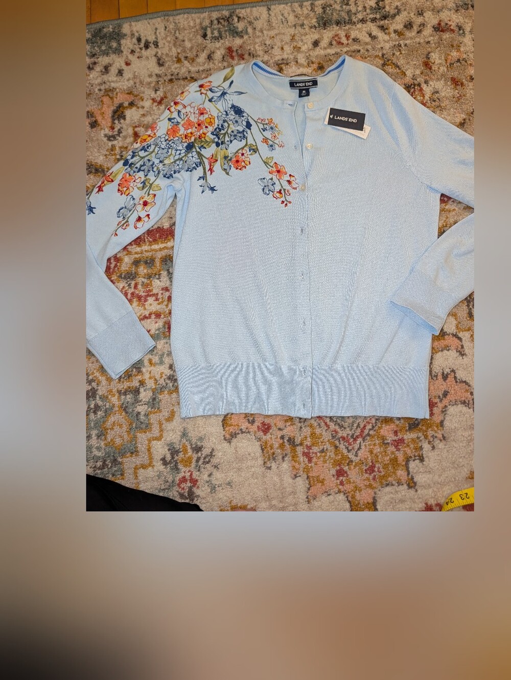 Lands' End Women's M Pale Blue Cardigan Multicolor Floral Embroidery